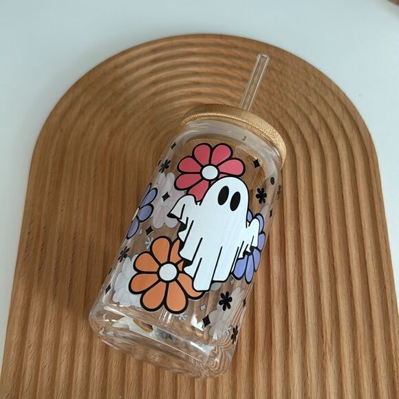 Retro Lilies Ghosts Glass Can, Halloween Glass Can NWT - Picture 4 of 5